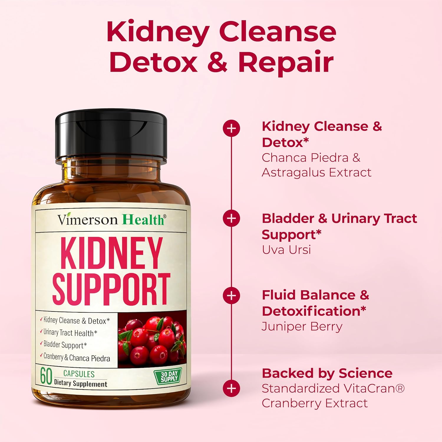 Ultra Kidney Cleanse Detox & Repair with Astragalus Root, Chanca Piedra, Cranberry Extract 30% & Stinging Nettle – Kidney Support Supplement for Bladder & Urinary Tract Health, 60 Cranberry Pills
