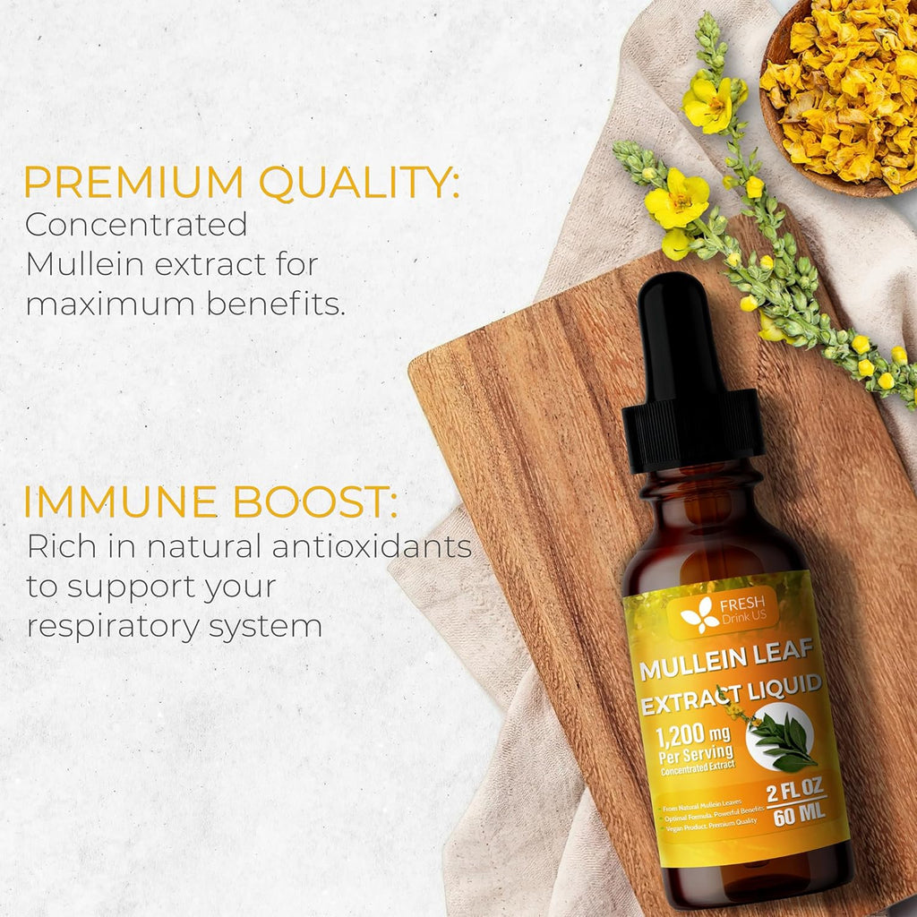 FRESHDRINKUS, 2 fl oz (60ml) Mullein Drops for Lungs Cleanse Support, Mullein Extract Liquid, 1200mg per Serving, 60 Days Supply – 100% from Natural Mullein Leaves, Non-GMO, Gluten-Free (2 fl oz)