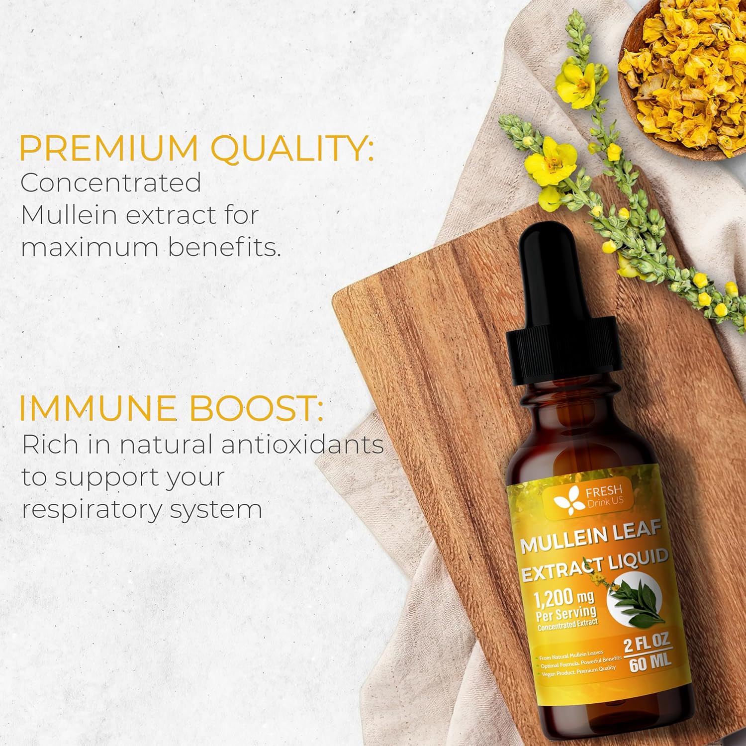 FRESHDRINKUS, 2 fl oz (60ml) Mullein Drops for Lungs Cleanse Support, Mullein Extract Liquid, 1200mg per Serving, 60 Days Supply – 100% from Natural Mullein Leaves, Non-GMO, Gluten-Free (2 fl oz)