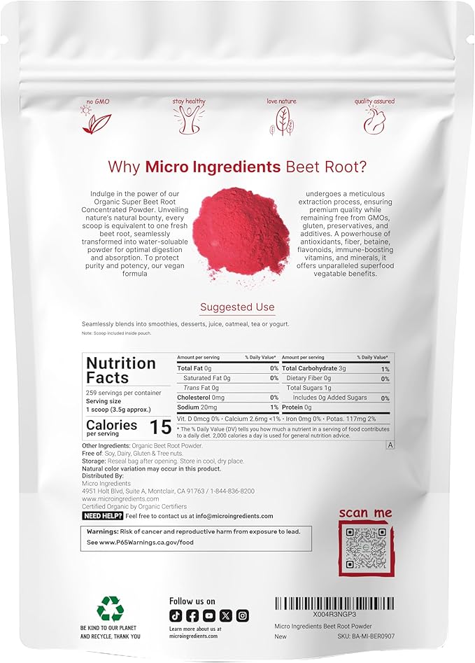 Micro Ingredients Organic Beet Root Powder, 2 Pounds | Cold Pressed, Water Soluble, High Concentrated Raw Beet Supplement | Superfood Drink Mix | Non-GMO, Vegan Friendly, Plant Based