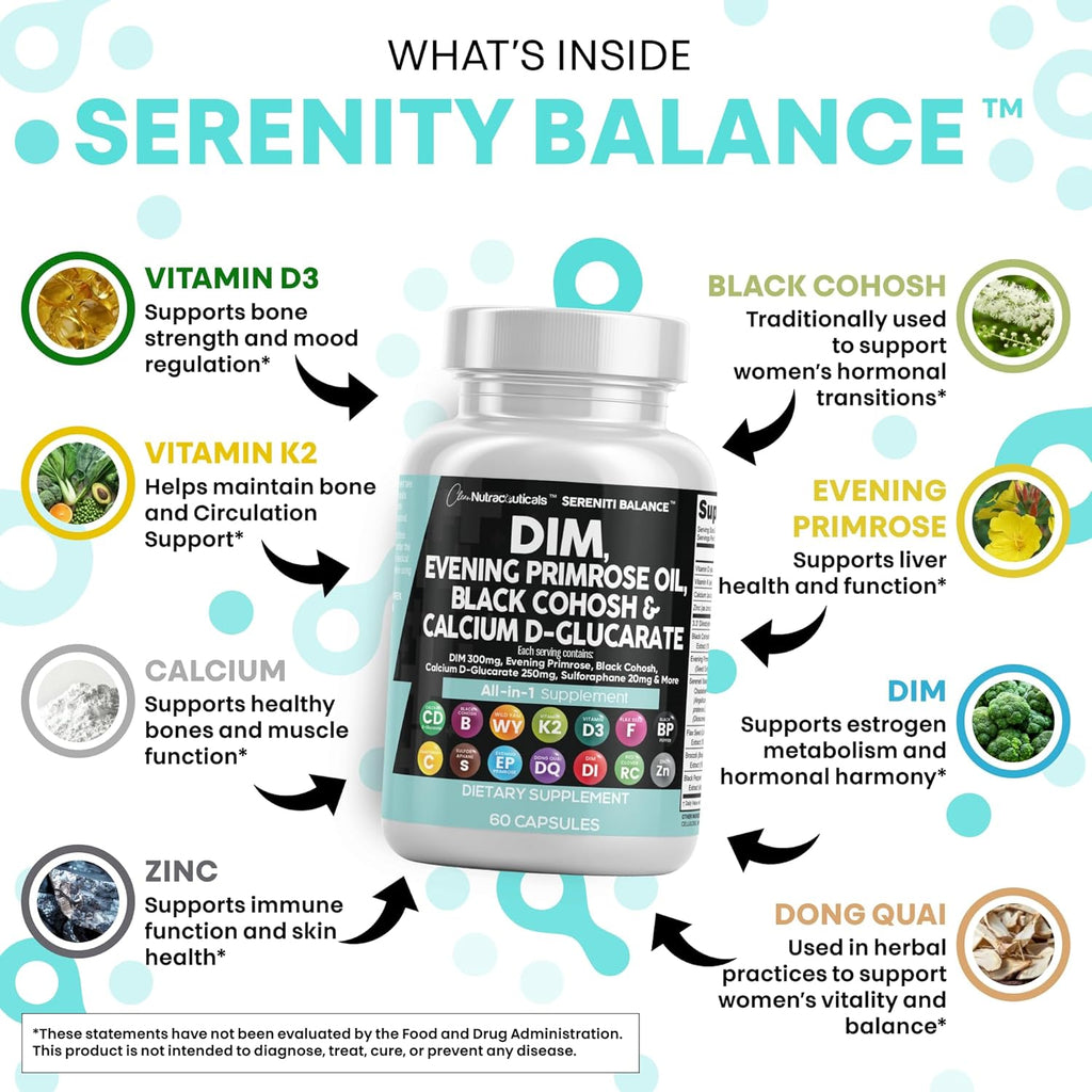 Clean Nutraceuticals DIM Evening Primrose Black Cohosh Calcium D-Glucarate Sulforaphane Flax Seed Extract - Hormonal Support Vitamins for Women with Dong Quai - 60 Caps