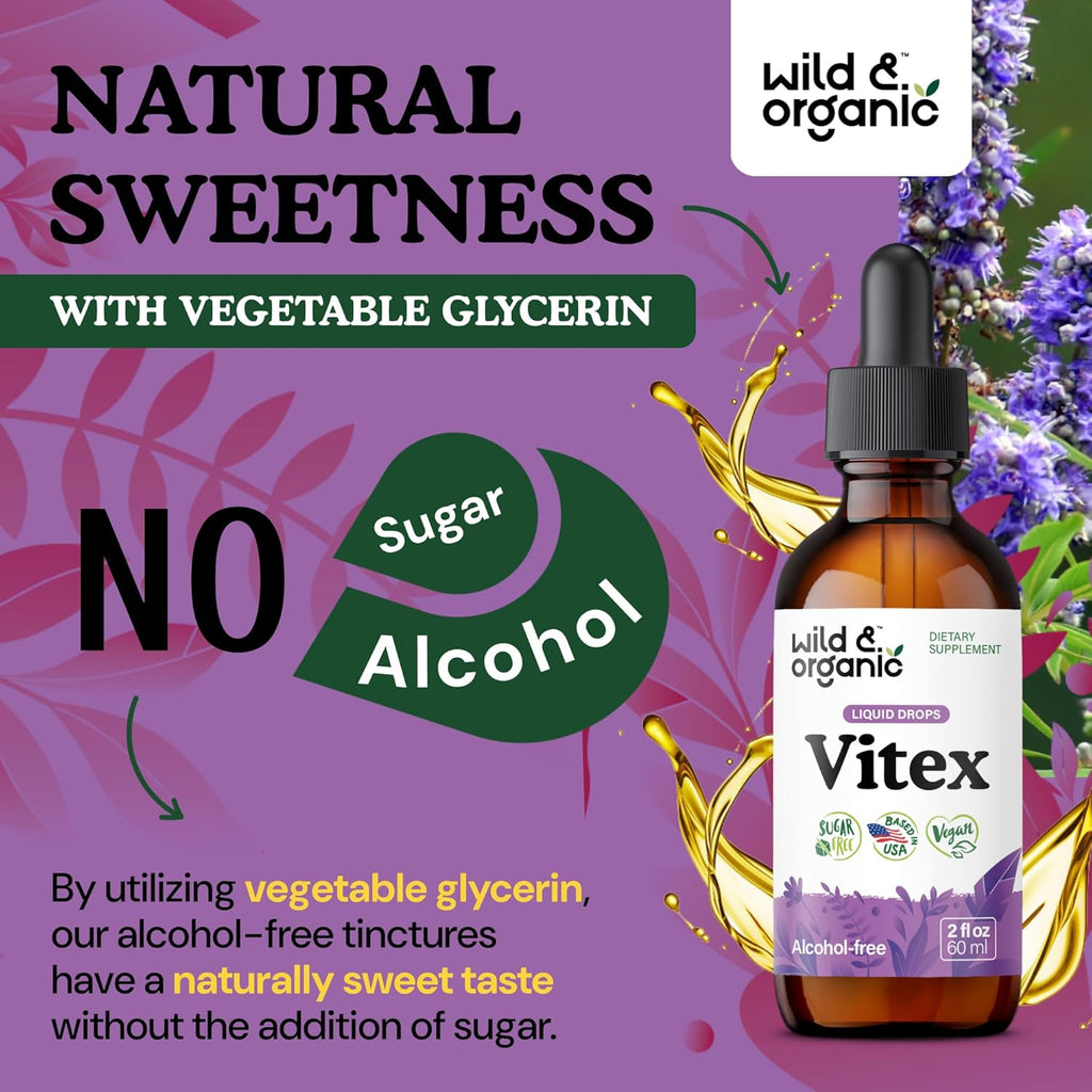 Wild & Organic Vitex Tincture - Vitex Chasteberry Supplement for Women - Liquid Chaste Tree Supplement for Mood Support - Vegan, Sugar & Alcohol-Free Berry Extract Drops - 2 fl oz
