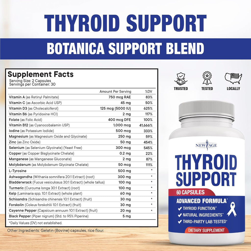 Thyroid Support Supplement for Women & Men with Iodine, B12, Zinc, Selenium, Ashwagandha, Bladderwrack, Turmeric, Schisandra - Non-GMO, Vegetarian - 120 Count