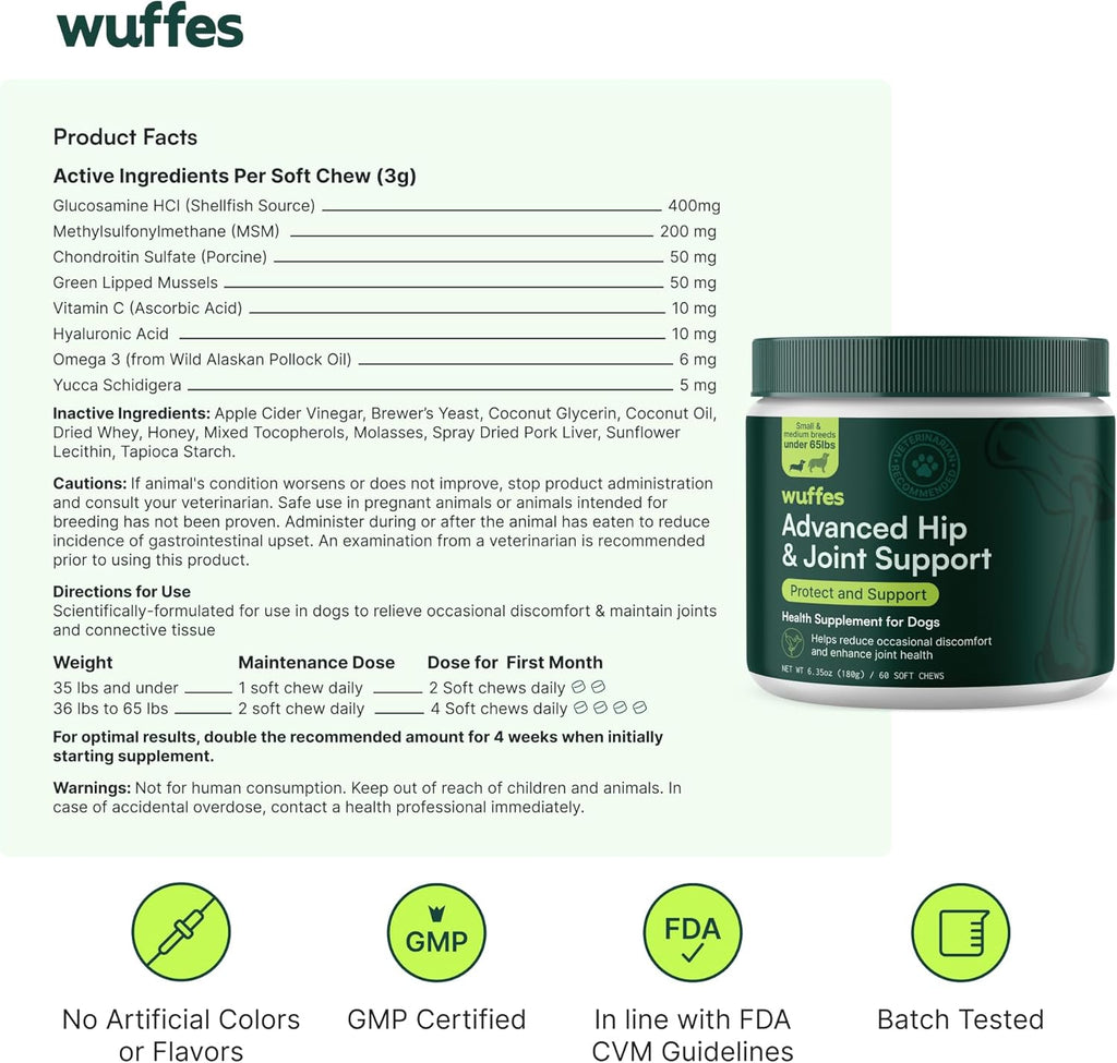 Wuffes Advanced Dog Hip and Joint Supplement with Glucosamine, Chondroitin, Omega 3, MSM, and Green Lipped Mussel, (Pack of 2, Small & Large Breed)