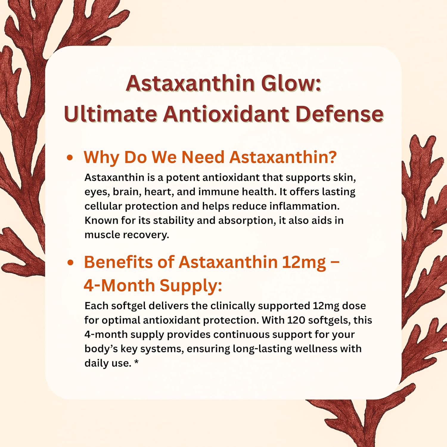 Astaxanthin 12mg, 120 Softgels, 4 Month Supply | Premium Astaxanthin Antioxidant Supplements | Fresh Microalgae Source | Supports Eye, Joint, Internal Circulation, Skin Health & Natural Tanning