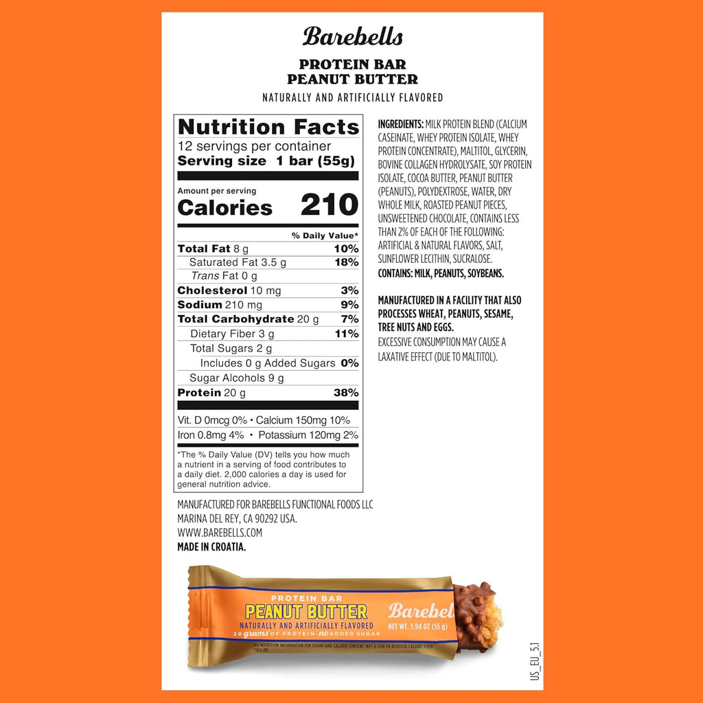 Barebells Protein Bars Peanut Butter - 12 Count, 20g High Protein Treats - Chocolate Nutrition Bar with 1g Total Sugars - On-The-Go Breakfast or Post-Workout Snack