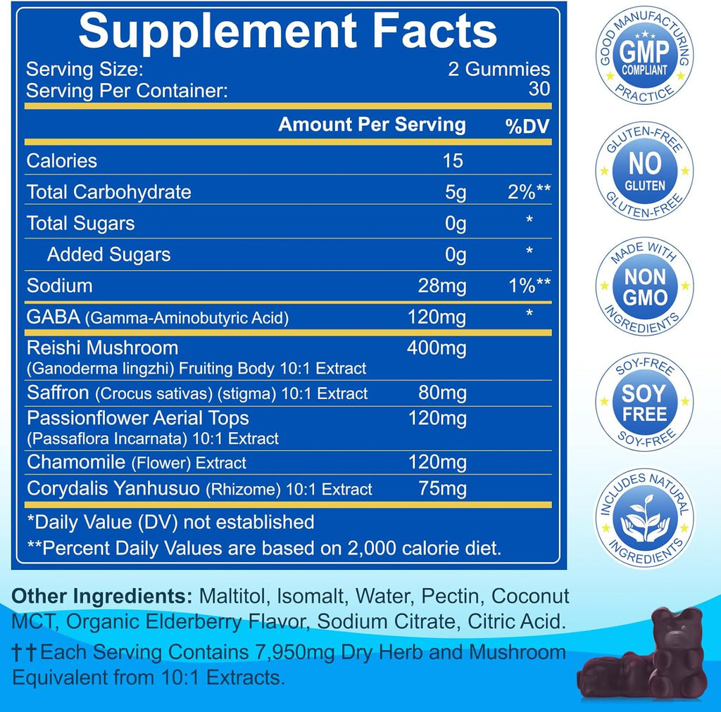 Sleep Mushroom Gummies with Reishi & Lions Mane -Natural Sleep Aid & Relaxation Supplement, Wild Elderberry Flavor, Non-GMO, No Sugar, 120 Count