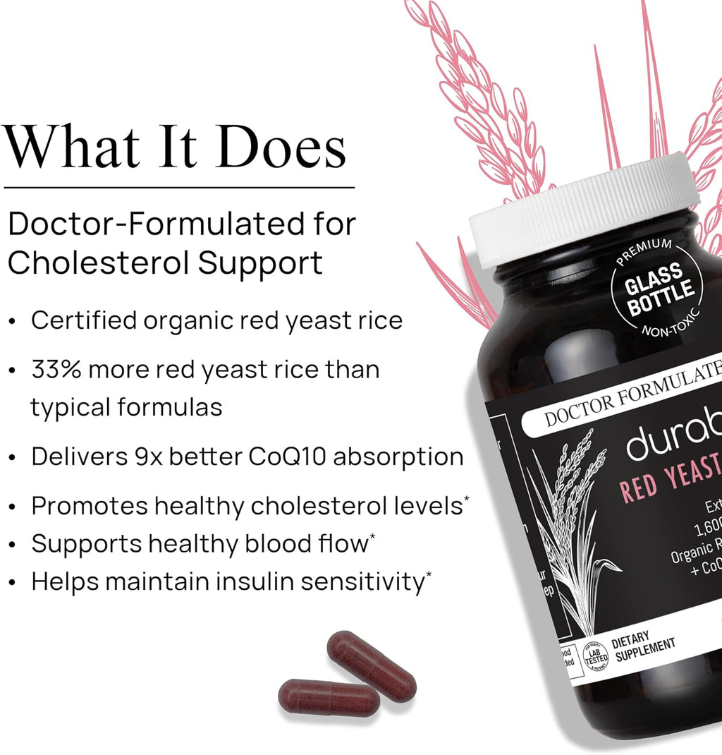 Durable RED Yeast Rice – Organic 1,600 mg Extra Strength + CoQ10 Phytosome – Supports Healthy Cholesterol, Heart, Lipids & Circulation – Doctor Formulated, Non-GMO, Vegan, Made in USA (180 Capsules)