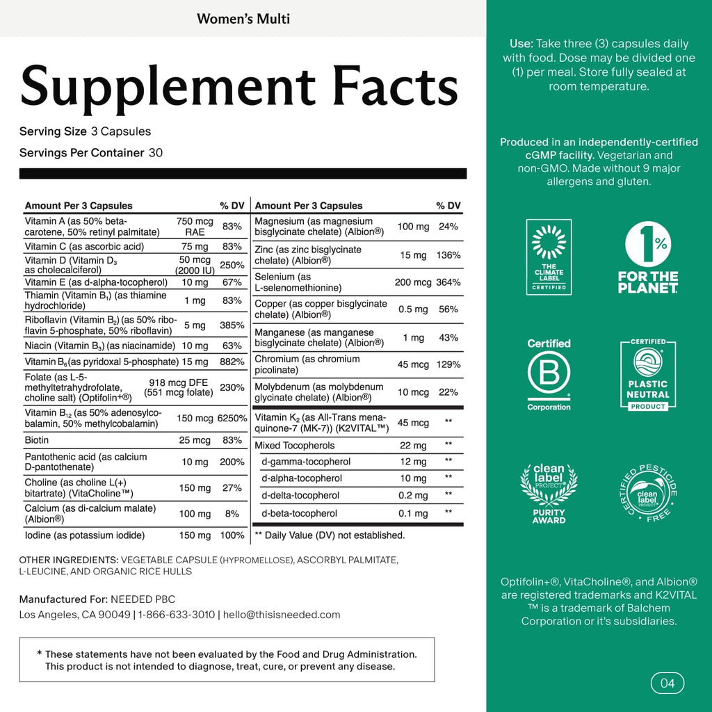 Needed. Multivitamin for Women with 23 Vitamins, Minerals and Antioxidants - Daily Womens Multivitamin - Vitamin B12, B6, D3, Choline, Calcium, Biotin, Magnesium, Folate and More (90 Count)