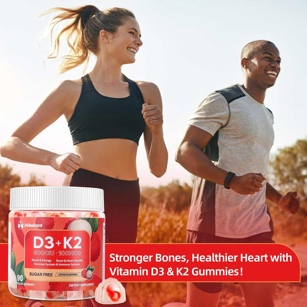 Vitamin D3 K2 Gummies w/Magnesium Sugar Free - 90 Count | D3 Vitamin 5,000 IU + K2(MK-7) 100 mcg - Vegan K2 D3 Vitamin Supplement, Highly Absorbent Supports Bone, Muscle, Mood & Immune(Lychee Flavor)