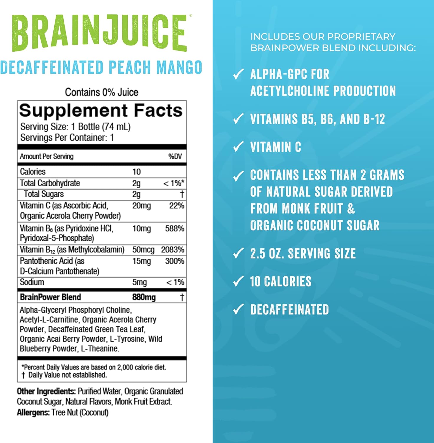BrainJuice Decaf Brain Support Shot, Gluten Free Supplement Shots for Energy & Focus, Healthy Drinks with Alpha GPC, Vitamin B & Decaffeinated Green Tea Leaf, Peach Mango, 2.5 fl oz, 12 Pack