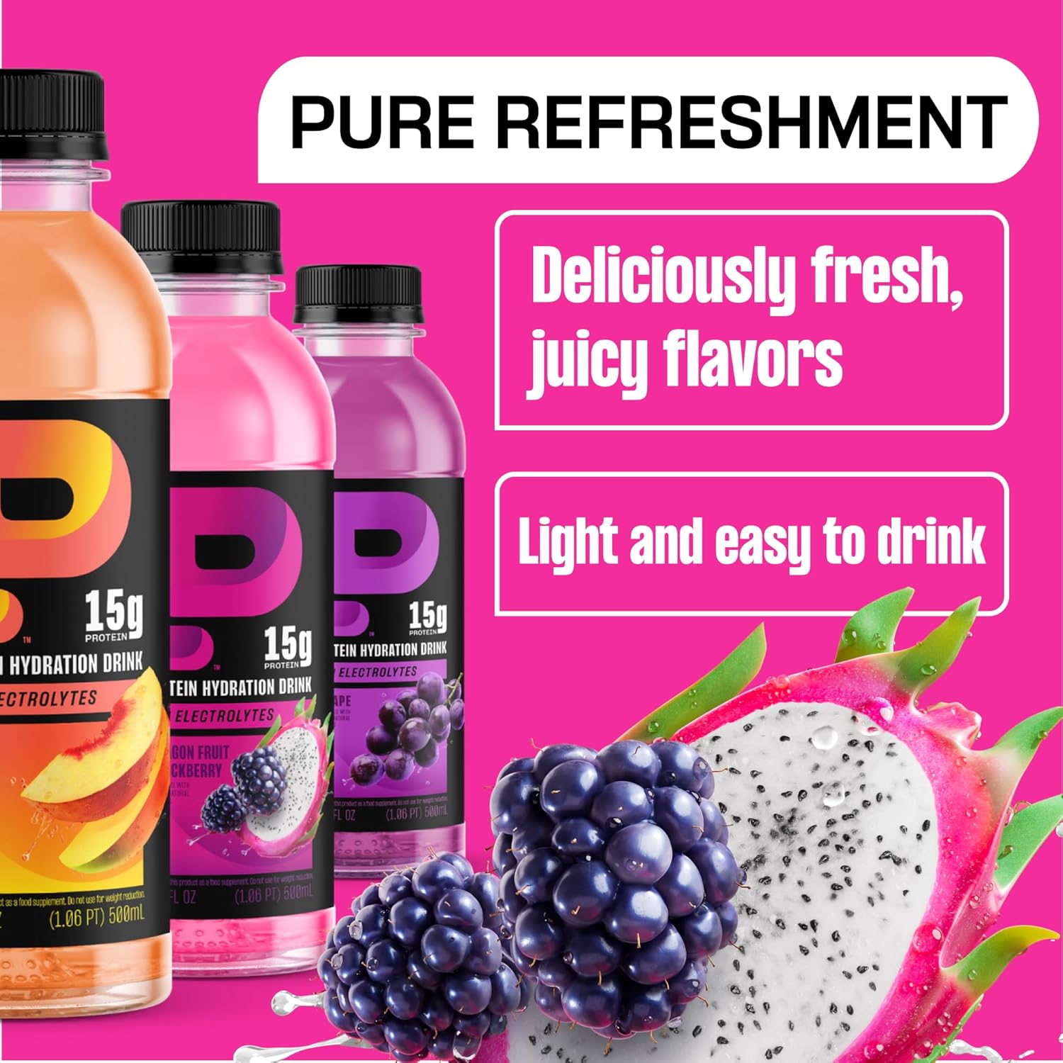 Protein2o Hydration Drink - 2-in-1 Liquid Clear Whey Protein Isolate and Electrolyte Drink - 15g Protein, Vitamins B5, B6 - Post-Workout Recovery - 16.9 Fl Oz - 12 Count Dragon fruit Blackberry