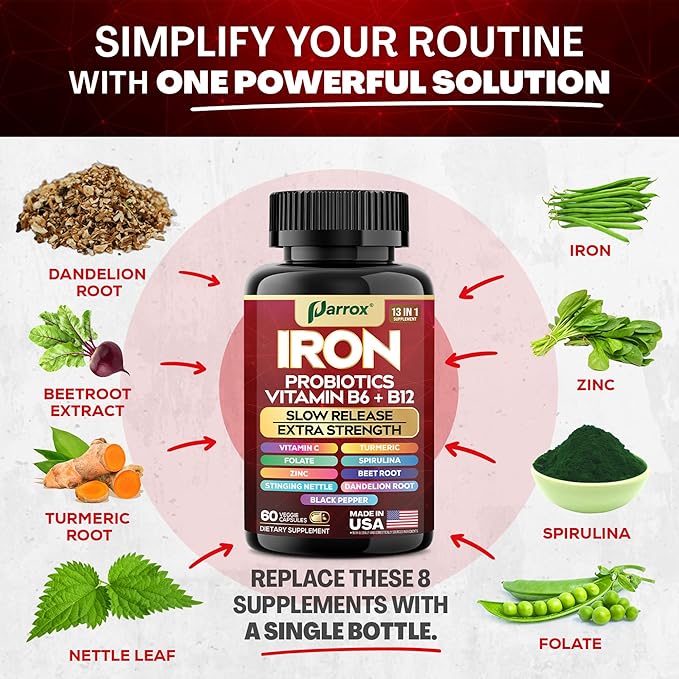 Iron Supplement, Slow Release Iron, Probiotics, Spirulina, Turmeric, Vitamin B6, Methylated B12, Vitamin C, Zinc, Beetroot, Nettle Leaf, Dandelion Root, Black Pepper, Extra Strength, 60 Capsules 3Pack