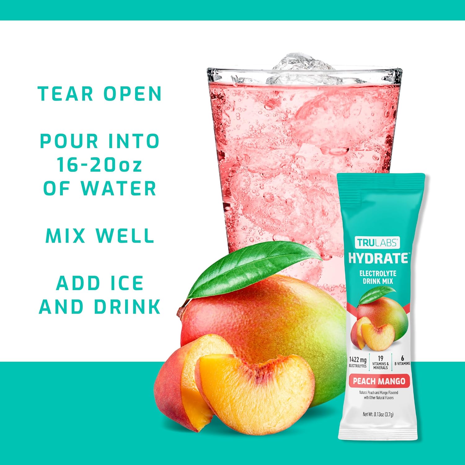 TRULABS Hydrate - Peach Mango. Sugar Free Electrolytes Hydration Packets. Each Serving Contains 1422 mg of Electrolytes &19 Vitamins & Minerals (16 ct)
