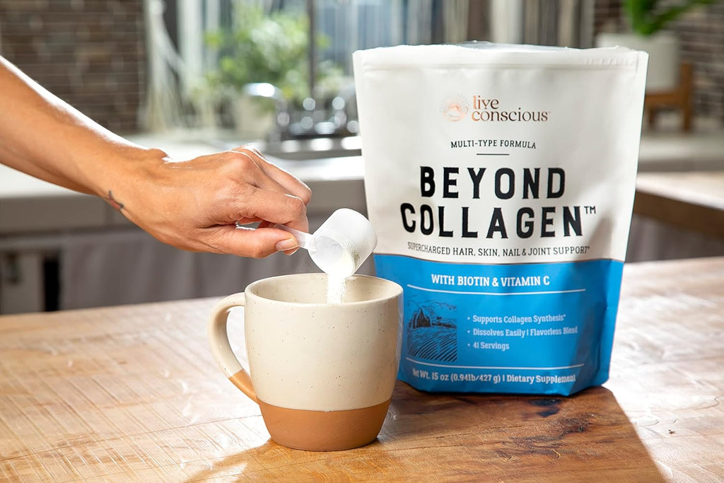 Live Conscious Beyond Collagen Multi Collagen Powder for Women w/Types I, II, III, V & X - Keto Friendly, Hydrolyzed Collagen Peptides Powder Blend w/Biotin & Vitamin C 41 Servings