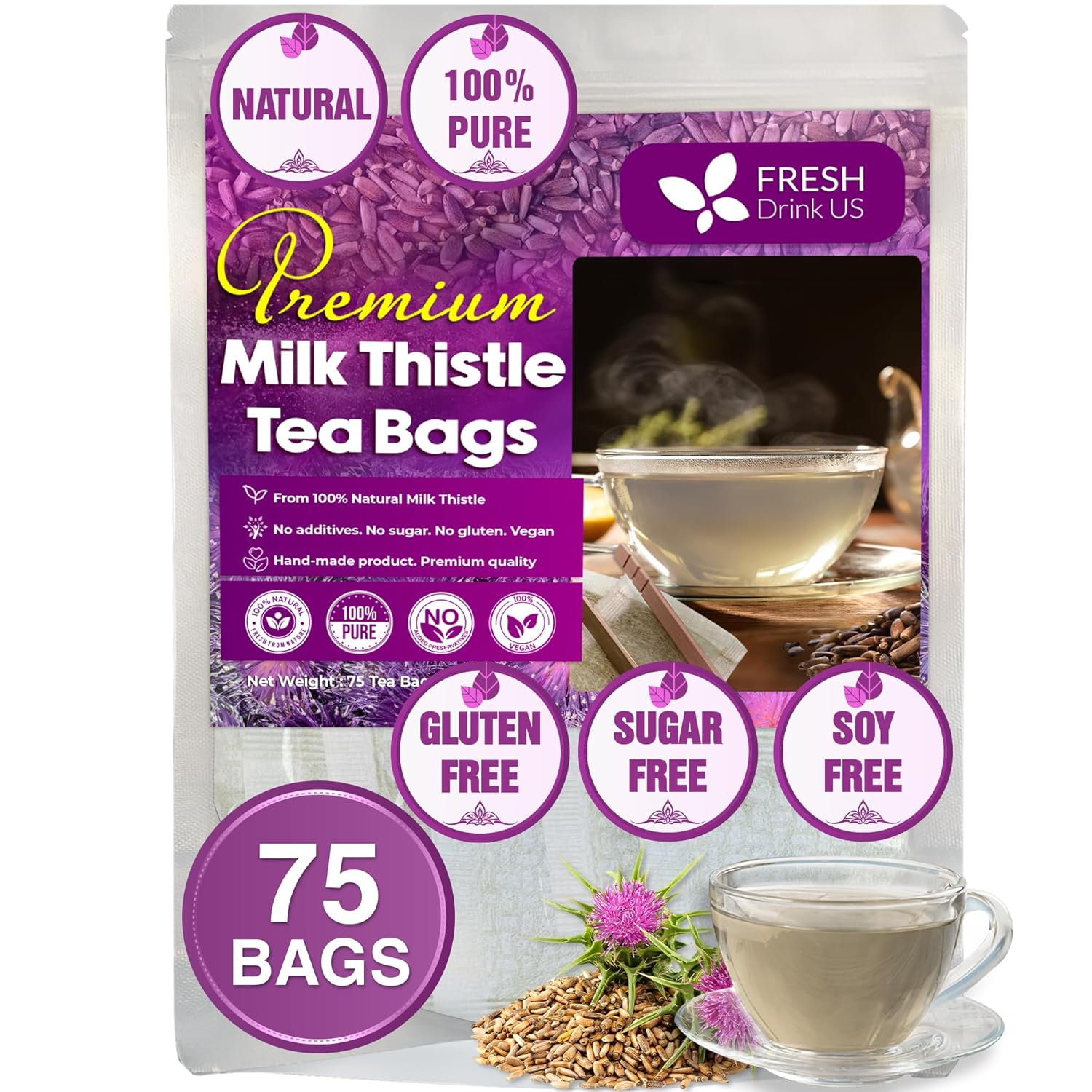 FreshDrinkUS, Premium 75 Milk Thistle Tea Bags, 100% Natural & Pure from Milk Thistle Seeds. Milk Thistle Seed Herbal Tea. Made with Natural Material Tea Bags. No Sugar, No Caffeine, No Gluten, Vegan.