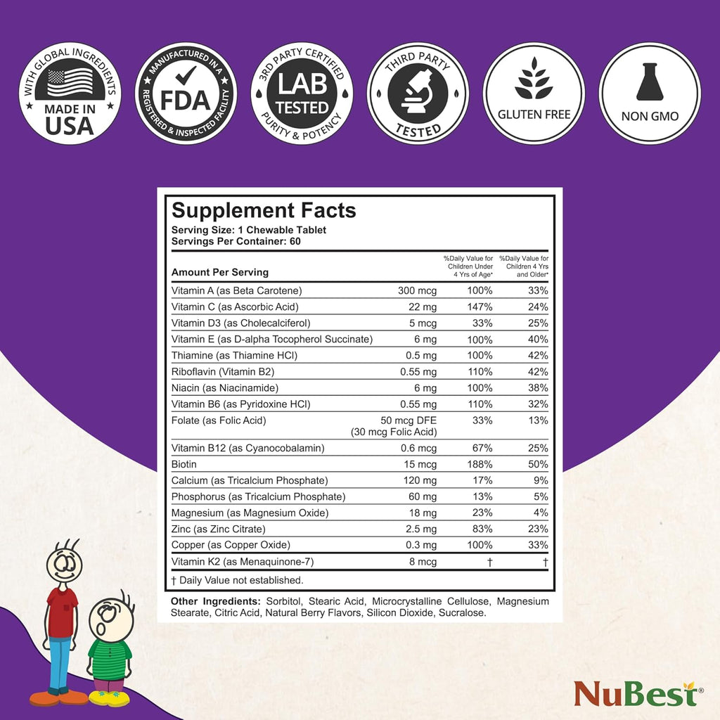 NuBest Tall Kids - Multivitamins & Minerals for Age 2 to 9 - Bone Strength & Immunity Support - Helps Kids, Toddlers Healthy - Animal Shapes - 60 Chewable Berry Tablets | 1 Month Supply