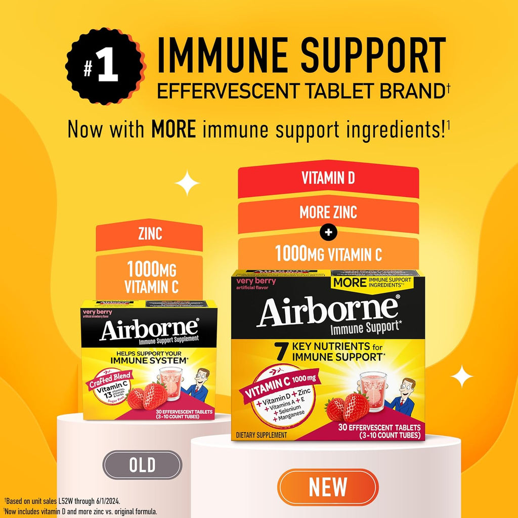 Airborne 1000mg Vitamin C with Vitamin D & Zinc, Sugar Free Multivitamin Immune Support Supplement, Antioxidants Vitamins A C & Vitamin E, 30 Effervescent Tablets, Very Berry Flavor