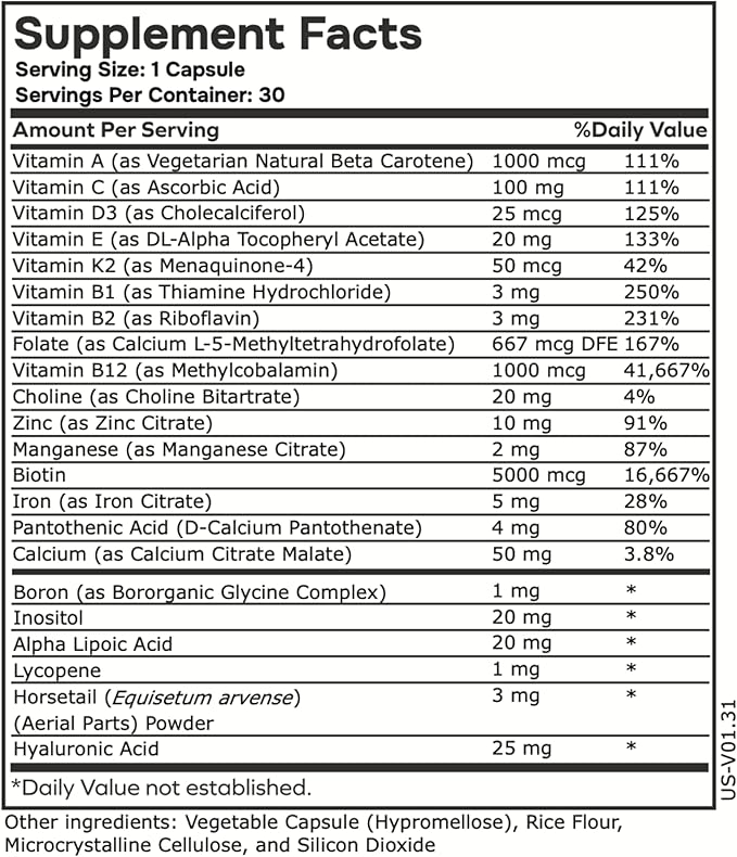 Womens Methylated Multivitamin Multimineral Horsetail, Iron, Biotin Complex with L Methylfolate for Ultra Absorption