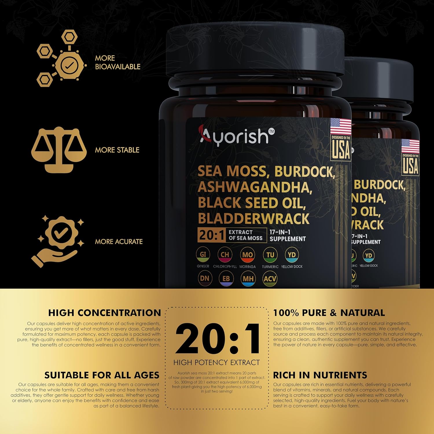 Sea Moss Capsule 30:1 High Strength 6000mg Equivalent Per Servings, Black Seed Oil Ashwagandha Ginger Capsules, Turmeric, Moringa, Bladderwrack, Burdock Root, Manuka Honey, Cinnamon 120 Count