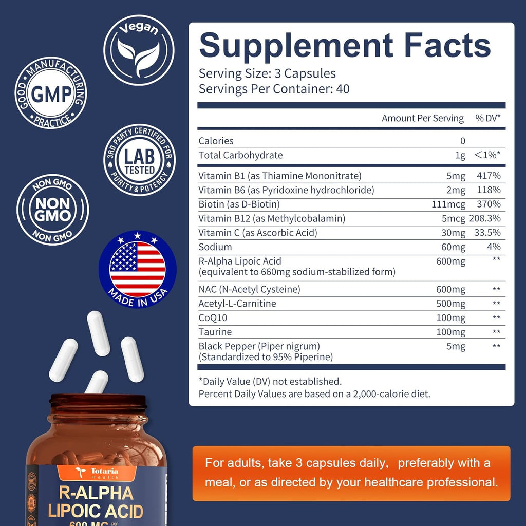 R Alpha Lipoic Acid 600mg - ALA Supplement for Neuropathy & Antioxidant Support Capsules, Nerve Health, Cell Energy, Metabolism and Anti-Aging, Non-GMO, Gluten Free, Vegan Safe 120 Counts