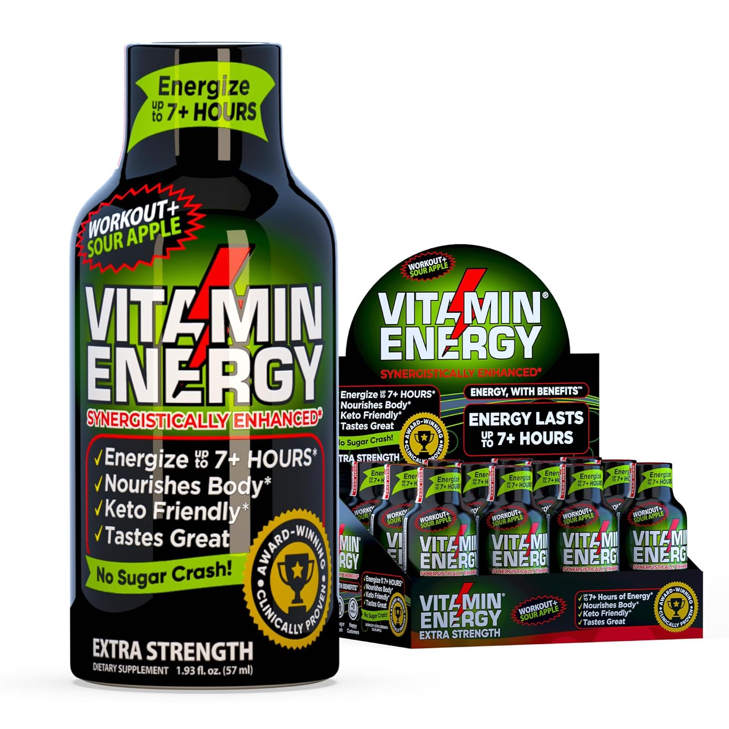 Vitamin Energy Workout+ Extra Strength Energy Shot Sour Apple 12 Pack, 260mg Natural Caffeine, Pre-Workout, B-Vitamins, Minerals, Endurance & Performance, Zero Sugar, Gluten-Free, Vegan, 1.93 fl oz