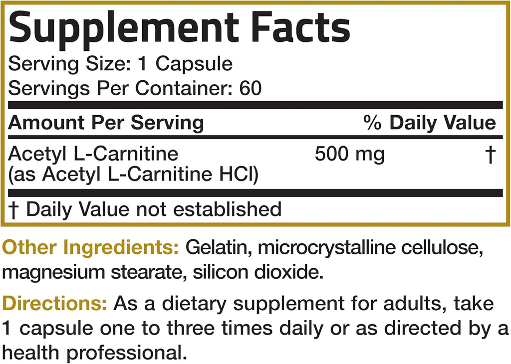 Bronson Acetyl L-Carnitine 500 MG High Potency Amino Acid Non-GMO, 60 Capsules