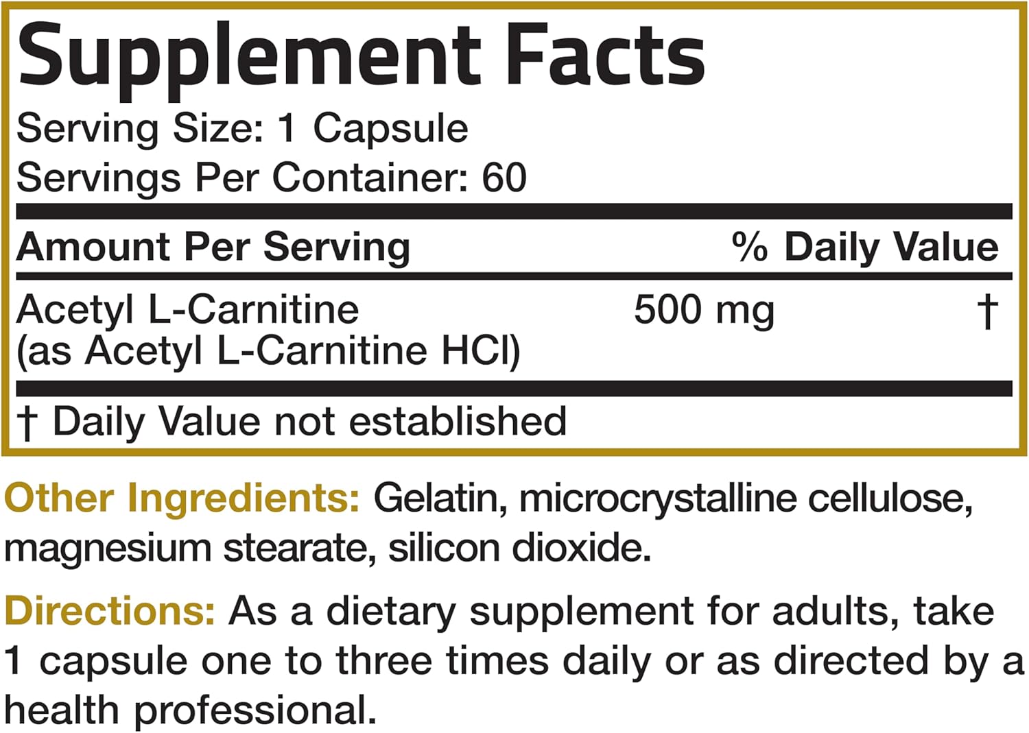 Bronson Acetyl L-Carnitine 500 MG High Potency Amino Acid Non-GMO, 60 Capsules