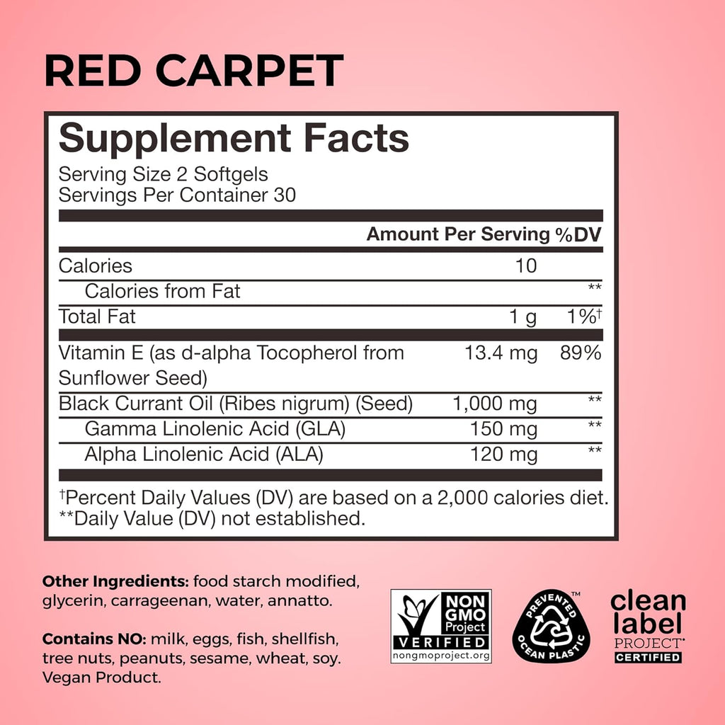 HUM Red Carpet - Skin & Hair Supplement - Black Currant Seed Oil for Glowing Skin & Strong Thicker Hair with Vitamin E & Omegas 3/6 - Hair Growth Vitamins for Women (60-Count)