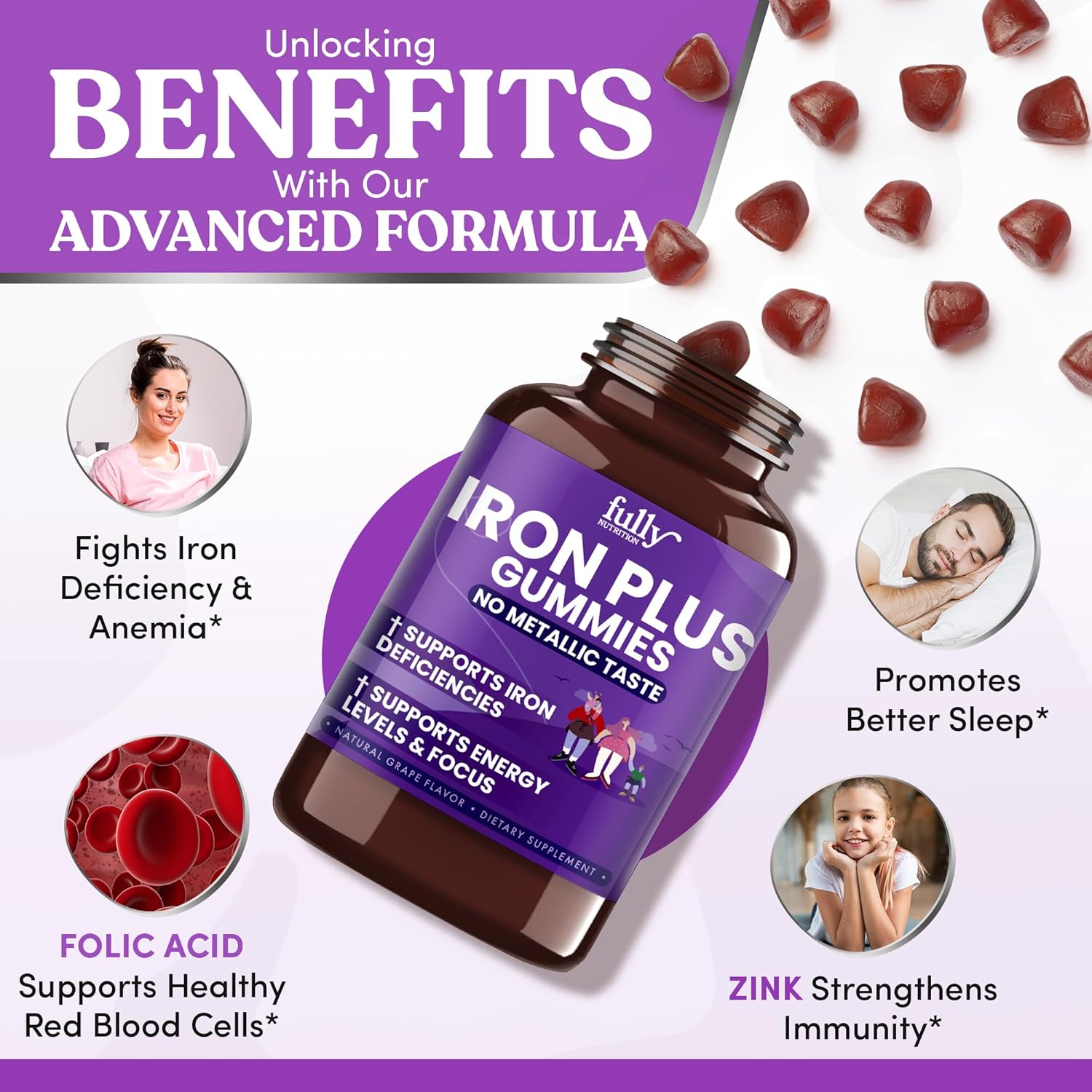 Iron Gummies Supplements for Women, Men and Kids – Health Blood & Energy Support for Iron Deficiency, Anemia, No After Taste- Fresh Grape Flavor- 100 Gummies (50 Days Supply)