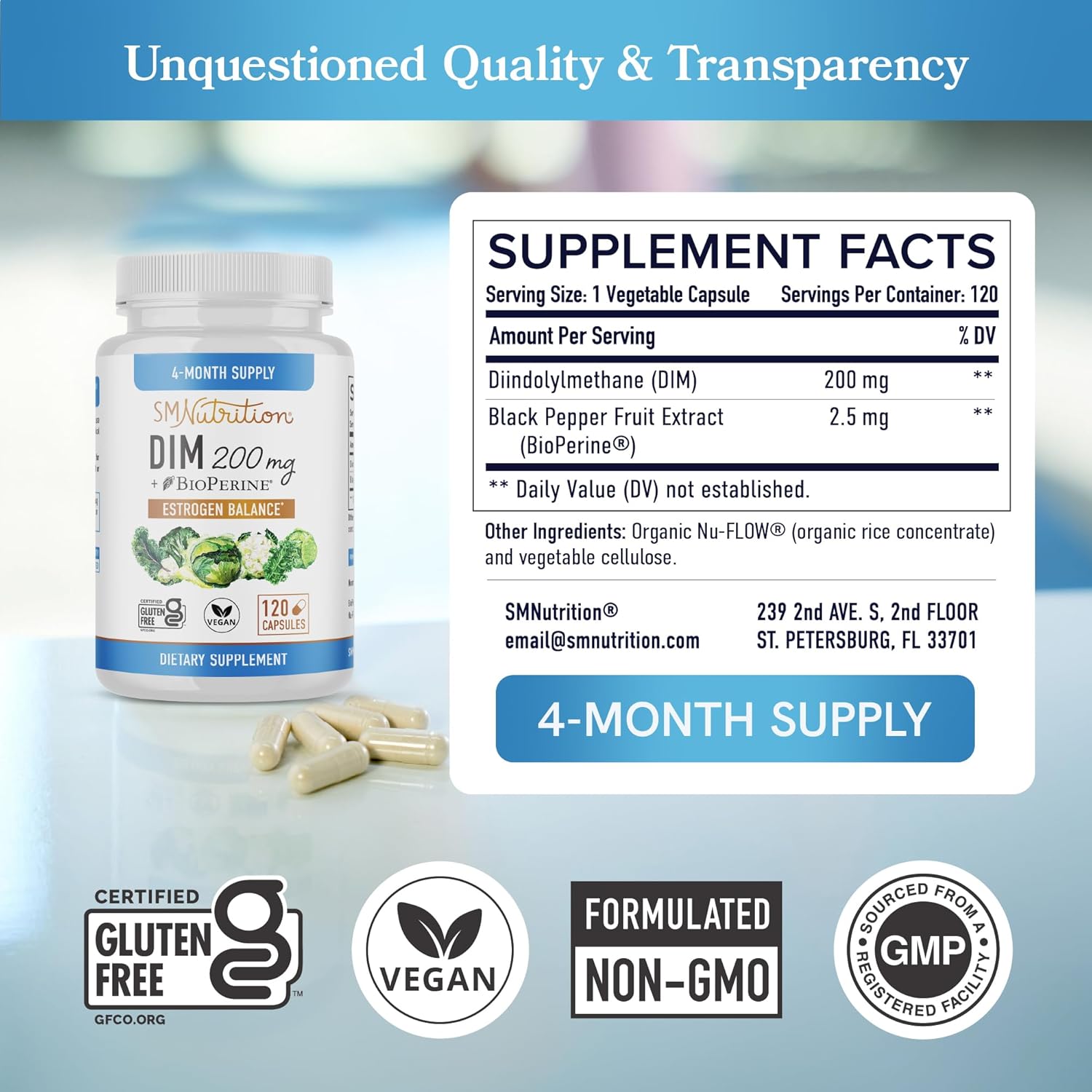 DIM Supplement 200 mg (120 Ct) | Estrogen Balance for Women & Men | Hormone Balance, Hormonal Acne Supplements, Menopause, Antioxidant & PMS Support | Non-GMO, Vegan, Soy Free | 4 Month Supply