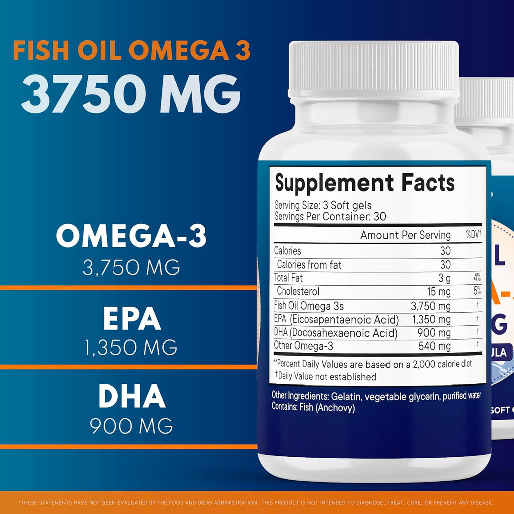 Triple Strength Omega 3 Fish Oil 3750 mg - EPA & DHA - Over 3000mg Omega-3 Fatty Acids - 1350mg EPA + 900mg DHA - Best Essential Fatty Acids, Burpless Fish Oil - 90 Count