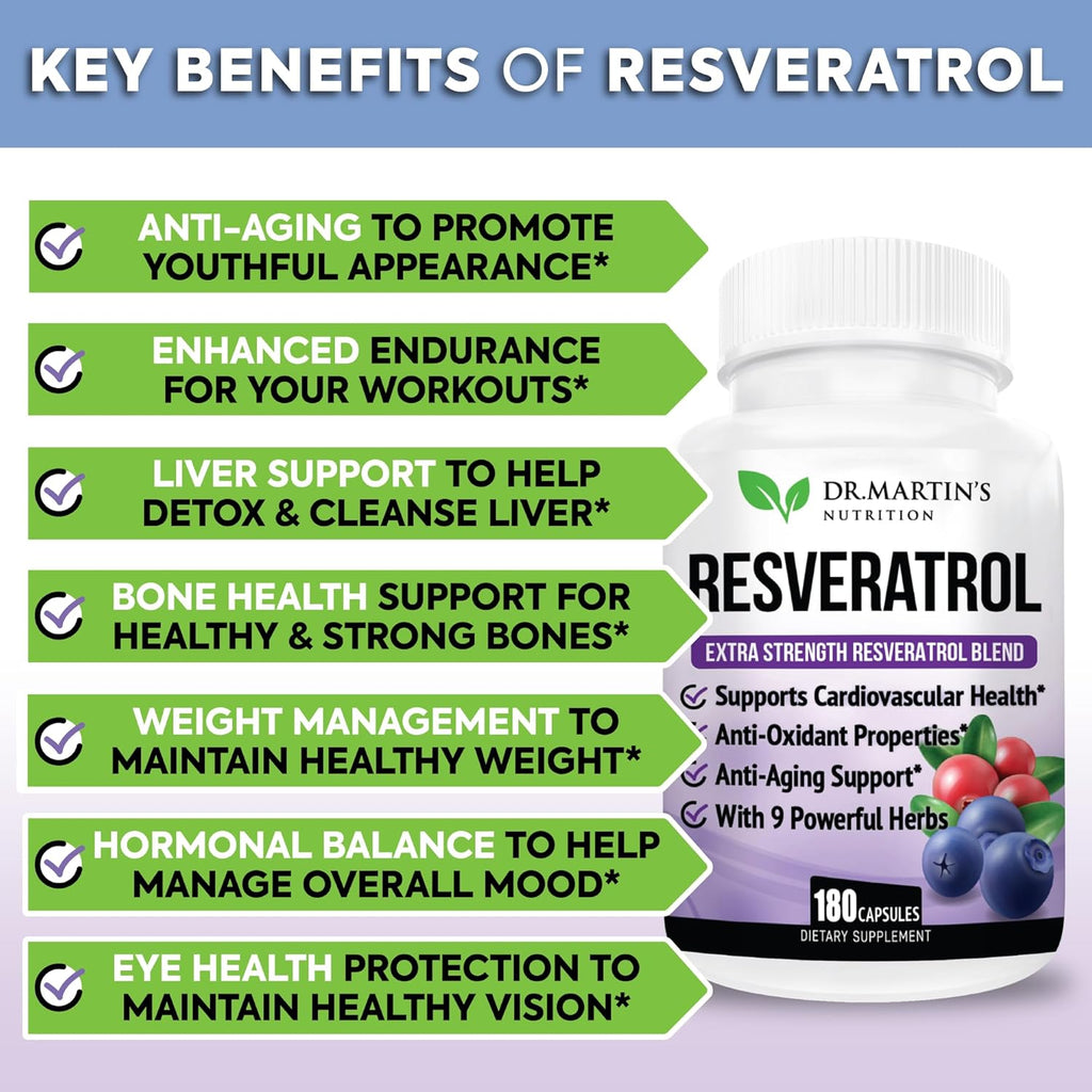 Extra Strength Resveratrol 1568mg - 180 Capsules - 3 Months Supply | Antioxidant Supplement | Natural Trans-Resveratrol Pills | for Anti-Aging, Heart Health, Immune System & Brain Function
