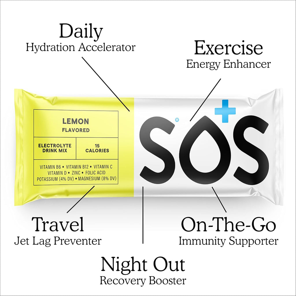 SOS Hydration Electrolyte Powder 8 Stick Packs – Low-Calorie, Rapid Rehydration, Made in USA, Keto (8 Servings, Lemon)