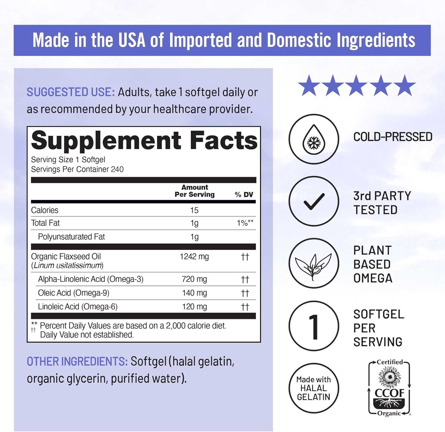 NatureWise Flaxseed Oil 1,242 mg, Fish Free Omega 3 6 9 with 720mg ALA, Dietary Supplement for Heart Health Support - Organic, Cold Pressed, Non-GMO - 240 Softgels[8-Month Supply]