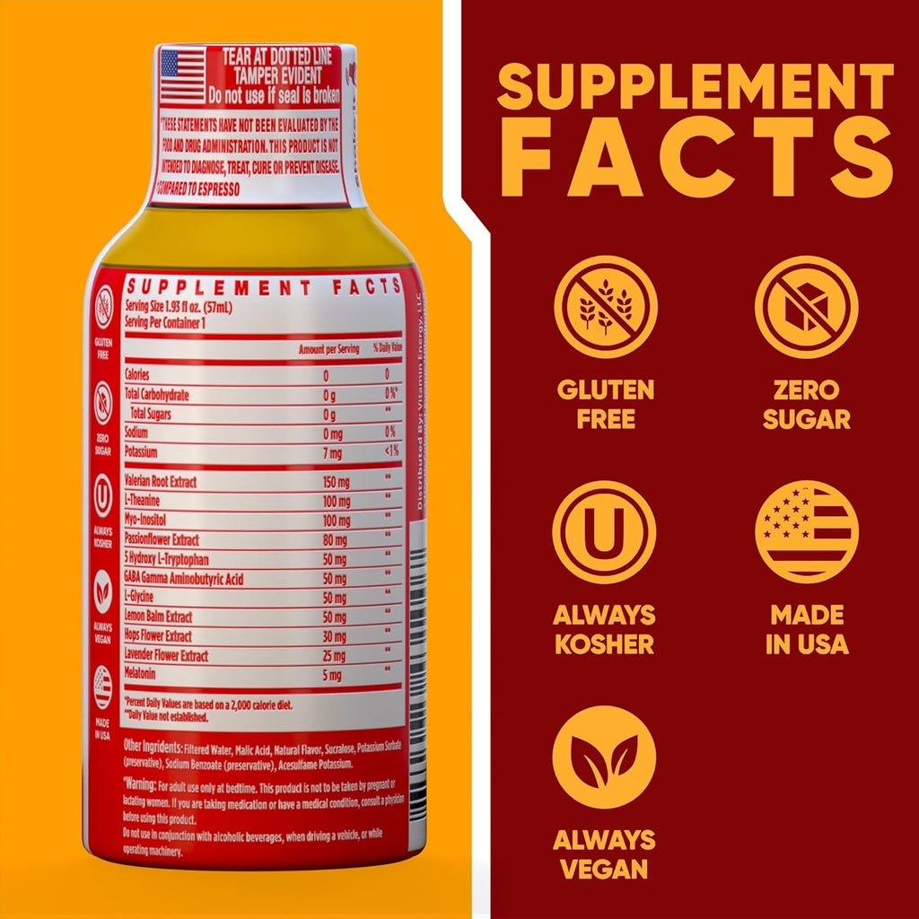 Vitamin Energy 8 Hour Sleep Shot Strawberry Lemonade 24 Pack, Melatonin, 5-HTP, GABA, Valerian, Lavender, Nighttime Relaxation & Sleep Support Supplement, Zero Sugar, Vegan, Gluten-Free, Kosher, 1.93 fl oz