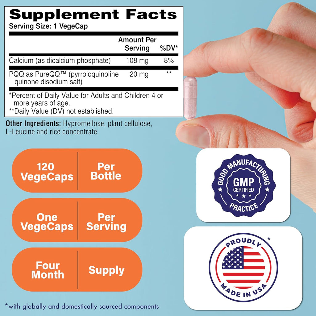 Health Thru Nutrition PQQ 20mg 120 Servings Pyrroloquinoline Quinone as PureQQ | Promotes Mitochondrial Biogenesis | Certified Vegan | Non-GMO Gluten Soy Free Capsules| Clean Label PQQ Supplement