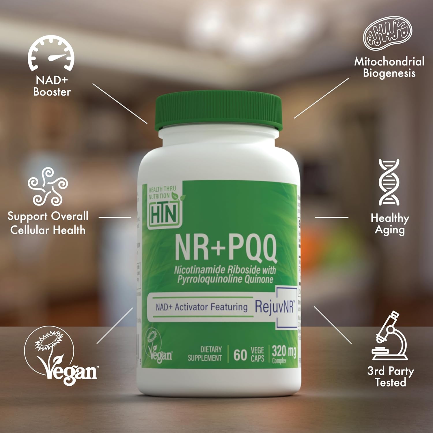 Health Thru Nutrition NAD+ Activator | NR with PQQ | 300mg Nicotinamide Riboside + 20mg PQQ | Mitochondria Maximizer | Non-GMO | Pack of 60