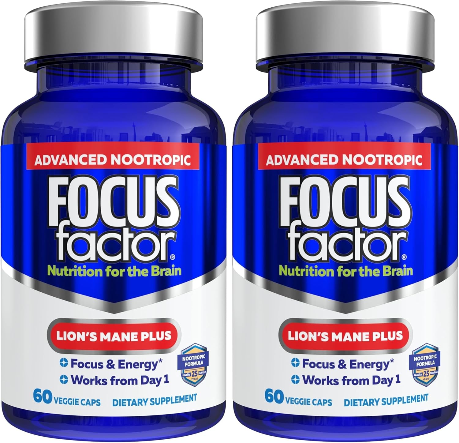 Focus Factor Lions Mane Plus, Advanced Nootropic with L-Theanine, Caffeine, Focus and Energy (60 Count) (Pack of 2)