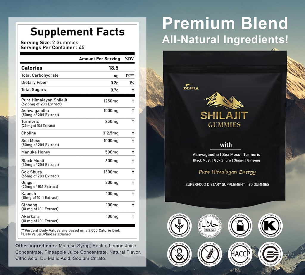 Shilajit Gummies with Ashwagandha, Turmeric - Organic, Zero Sugar & Vegan-Friendly Himalayan Shilajit for Men & Women - Energy, Calm, Cortisol, Sleep, Immune Support & Overall Health