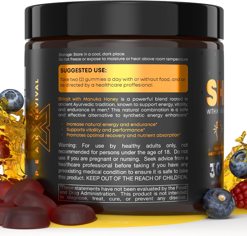 Peak Revival Shilajit Gummies with Manuka Honey, Mixed Berry Flavor, 60 Count, 100mg per Serving, 30 Servings