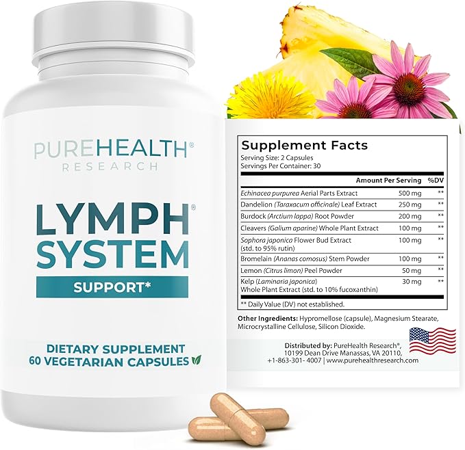 PUREHEALTH RESEARCH Lymph System Support Supplement - Lymphatic Drainage Supplement with Dandelion Extract, Cleavers, Burdock Powder - Reduce Swelling and Cleanse Lymph - 1 Bottle, Brown