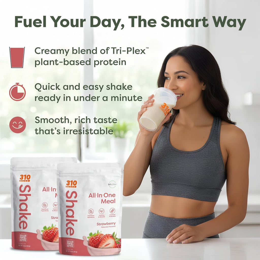 310 Nutrition All-In-One Meal Replacement Shake Powder - Plant-Based Protein Smoothie Blend w/High Fiber, Probiotics & Adaptogens - Low Carb, Vegan, Keto & Paleo Friendly - Strawberry - 14 Srv