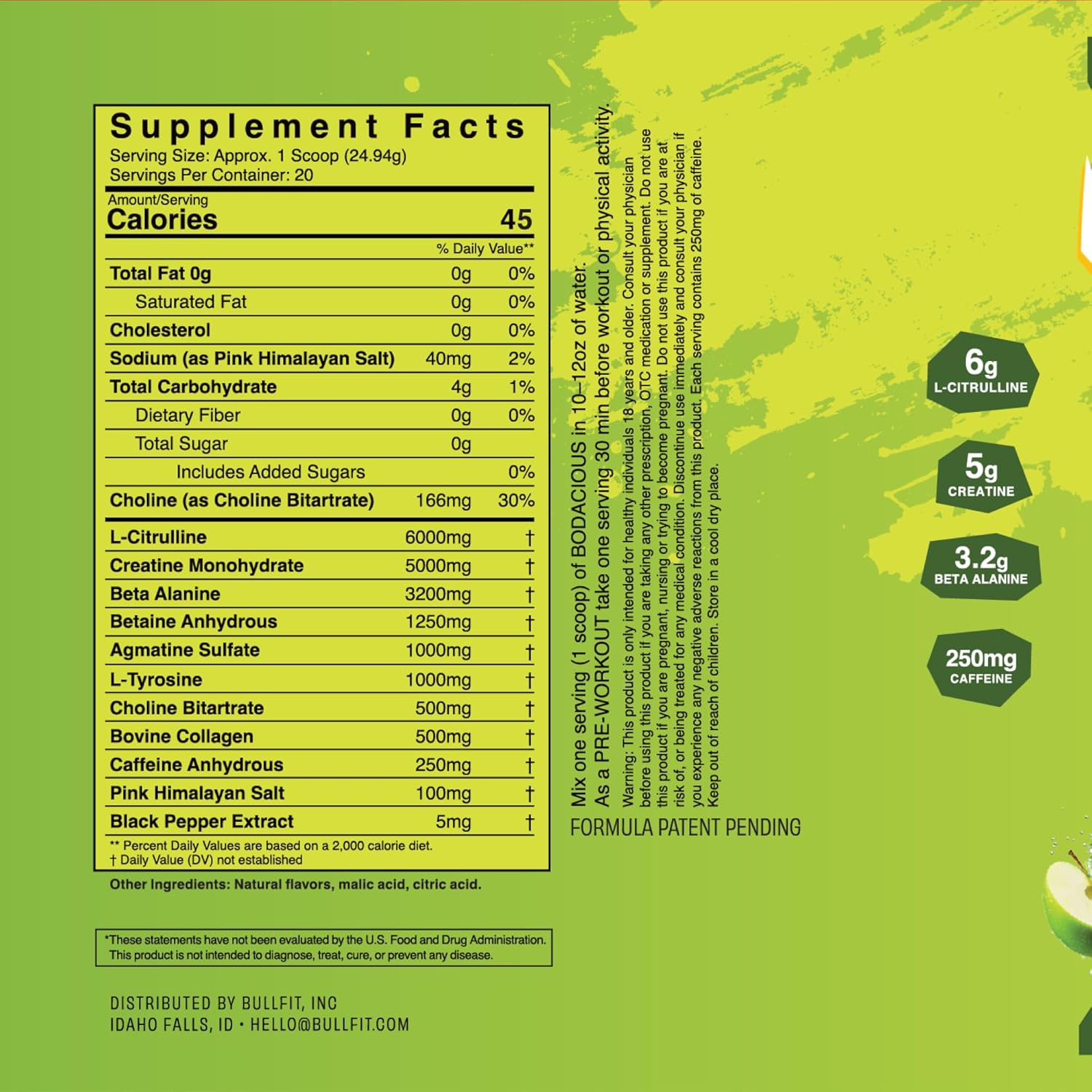 BULLFIT Pre Workout Powder, Support for Men & Women, L Citrulline, Creatine, Beta Alanine & Electrolytes, Powdered Drink Mix with No Sucralose & Zero Sugar, 20 Srvgs (20 SRV, Sour Apple)