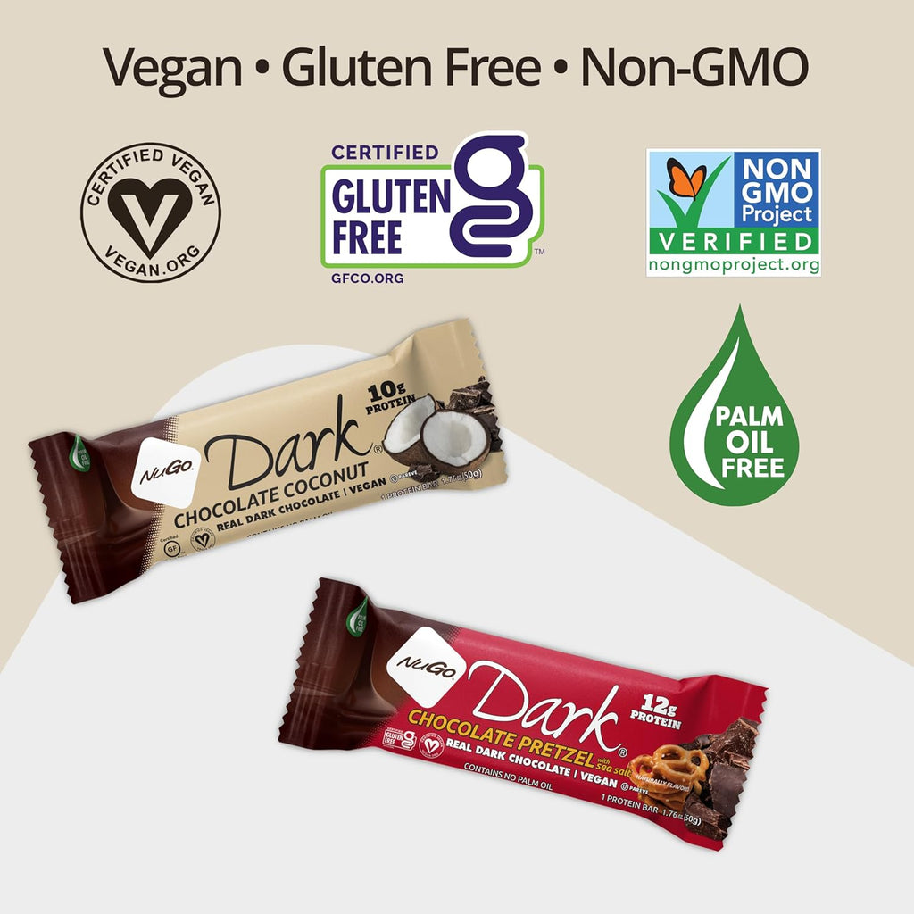 NuGo Dark Chocolate Coconut, 10g Protein Bar, Vegan, Gluten Free, Non-GMO, Kosher Pareve, 12 Count