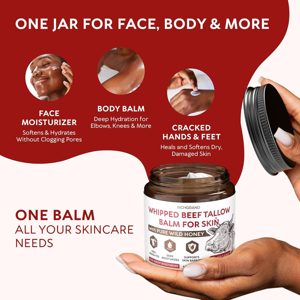 Beef Tallow for Skin - Whipped Tallow and Honey Balm - Grass Fed Beef Tallow for Face, Daily Moisturizer & Body Butter - Natural Non Comedogenic Skincare (4.3 oz)