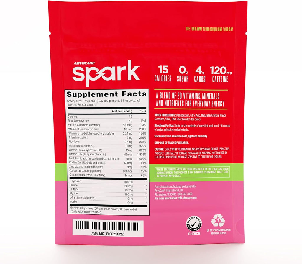 AdvoCare Spark Vitamin & Amino Acid Supplement - Focus & Energy Drink Powder Mix with Vitamin A, B-6, C & E - Also Includes L-Carnitine & L-Tyrosine - Strawberry, 14 Stick Packs