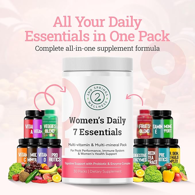 Daily 7 Essentials Women's Vitamin Pack -7 Pack Complete Women's Multivitamin Packet with Energy, Metabolism, Immune System, Female Health Support with Probiotics, More