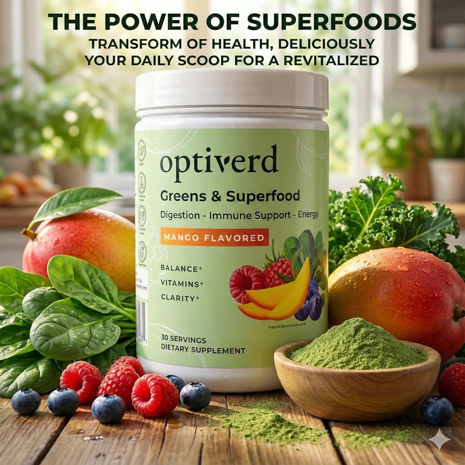 Organic Greens Superfood Powder with Probiotics & Enzymes – Max Gut Health, Energy & Detox – Immune Support – Vegan, Gluten-Free – Mango Flavor (30 Servings)