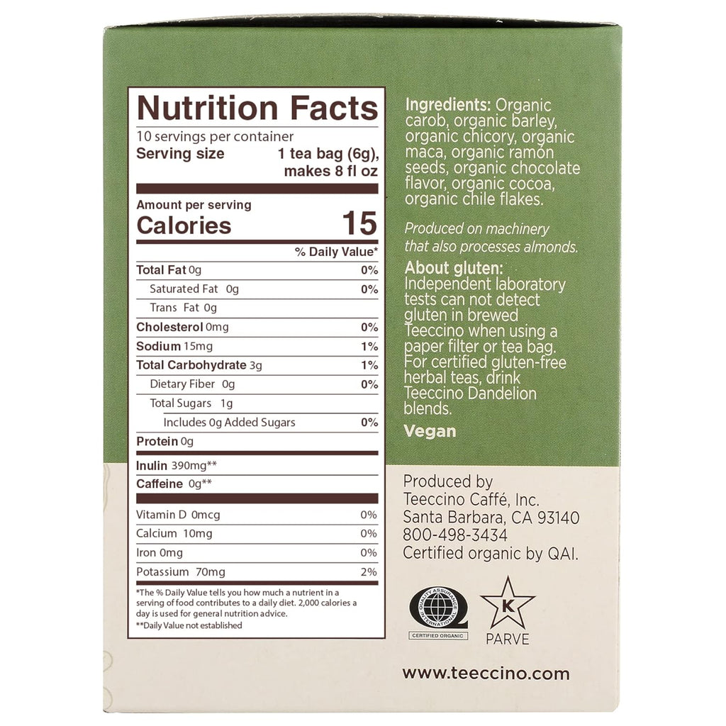 Teeccino Herbal Tea – Maca Chocolaté – Adaptogenic Peruvian Maca, Cacao, Chicory, Prebiotic, Caffeine Free, Acid Free, Coffee Alternative (10 Count (Pack of 4))